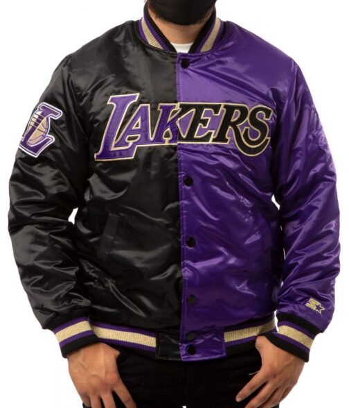 LA Lakers Purple and Black Satin Bomber Jacket