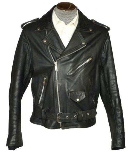 Men’s 1960s Motorcycle Belted Black Leather Jacket