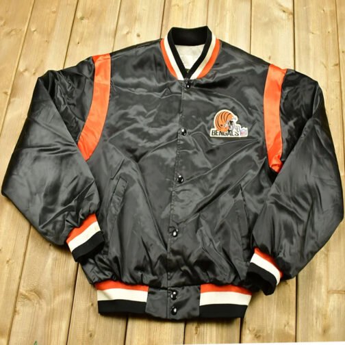 1980s Cincinnati Bengals Bomber Black Satin Jacket - Image 3