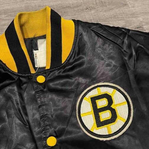 80s Boston Bruins Bomber Black Satin Jacket - Image 4