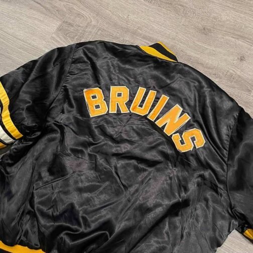 80s Boston Bruins Bomber Black Satin Jacket - Image 2