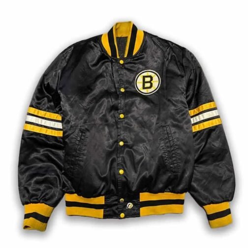 80s Boston Bruins Bomber Black Satin Jacket - Image 3