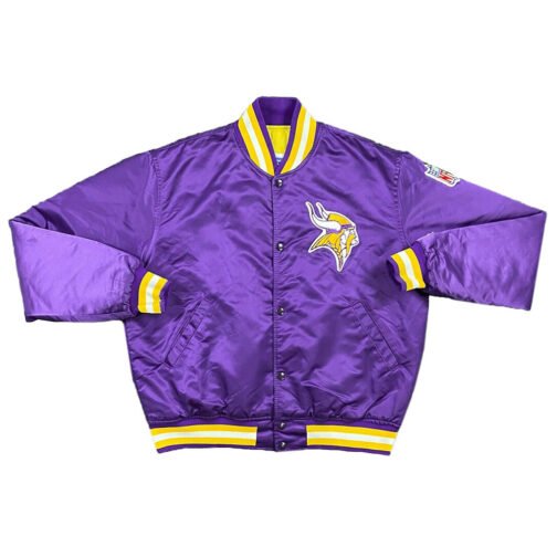 90s Minnesota Vikings Purple Bomber Satin Jacket - Image 3