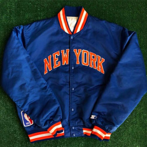 90?s New York Knicks Bomber Blue Satin Jacket - Image 3