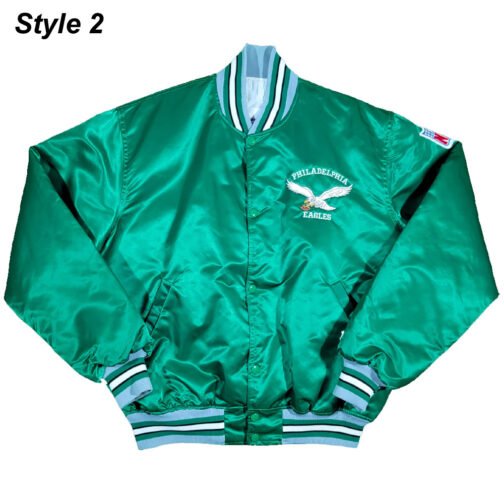 90’s Philadelphia Eagles Green Satin Bomber Jacket - Image 2