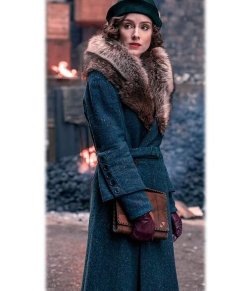 Sophie Rundle Peaky Blinders S05 Fur Shawl Collar Blue Coat