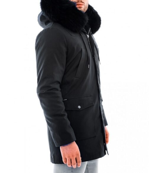 Men’s Black Admiral Hooded Coat with Fur Collar - Image 5