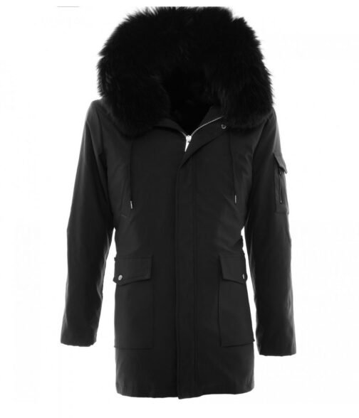 Men’s Black Admiral Hooded Coat with Fur Collar - Image 7