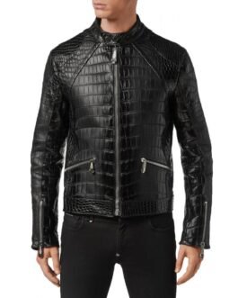 Men’s Luxury Snap Tab Collar Black Alligator Leather Jacket