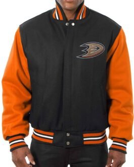 Varsity Anaheim Ducks Black and Orange Wool/Leather Jacket
