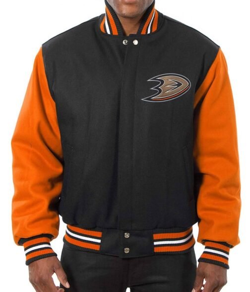 Varsity Anaheim Ducks Black and Orange Wool/Leather Jacket