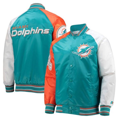 Miami Dolphins The Reliever Aqua Varsity Satin Jacket - Image 3