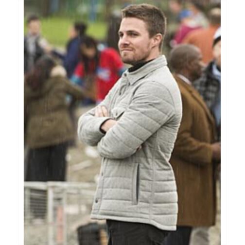 Arrow S04 Stephen Amell Gray Quilted Jacket - Image 5