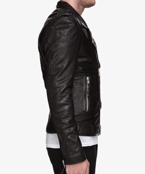 Men’s Belted Asymmetrical Motorcycle Black Leather Jacket - Image 3