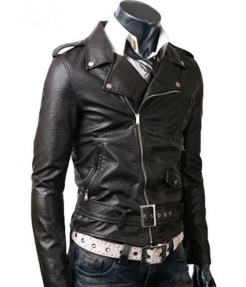 Men’s Asymmetrical Slim Fit Belted Black Leather Jacket - Image 2