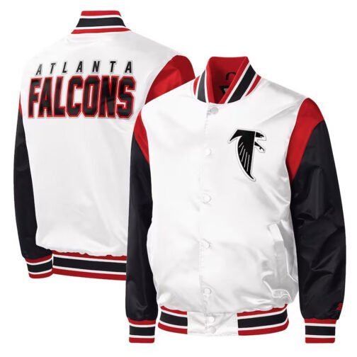 Atlanta Falcons Throwback Warm Up Pitch Varsity White Satin Jacket - Image 3