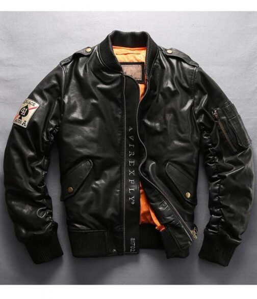 Casual Bomber Avirex Ace of Spades Leather Jacket with Patch - Image 3