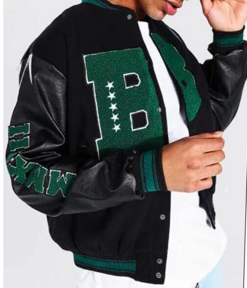 B Patch Letterman Varsity with Leather Look Sleeves - Image 9