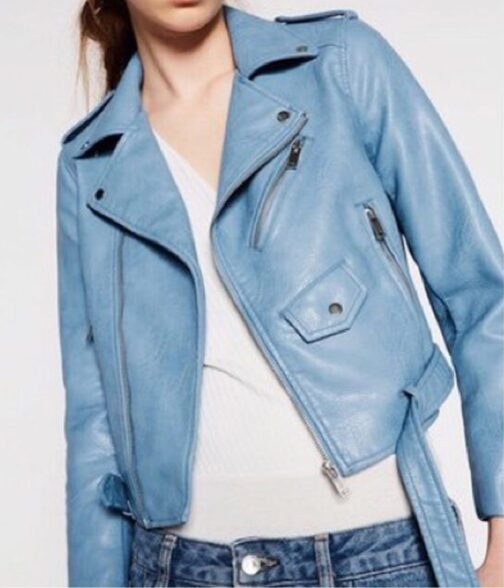 Women’s Asymmetrical Zipper Baby Blue Jacket - Image 3