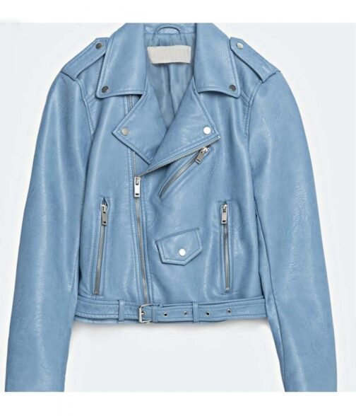 Women’s Asymmetrical Zipper Baby Blue Jacket - Image 2