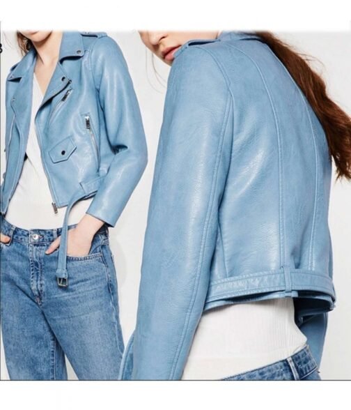 Women’s Asymmetrical Zipper Baby Blue Jacket - Image 4