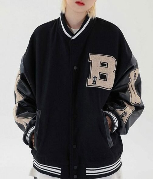 Skeleton Bad To The Bone Patchwork Varsity Wool/Leather Jacket - Image 9