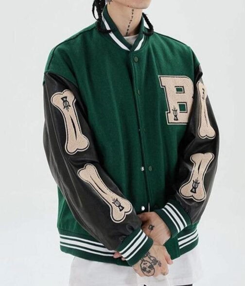 Skeleton Bad To The Bone Patchwork Varsity Wool/Leather Jacket - Image 7