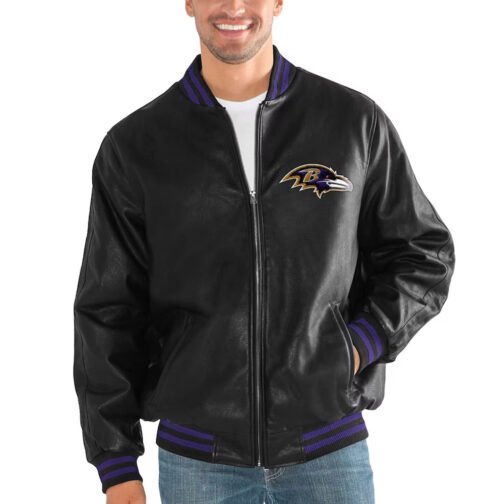 Baltimore Ravens Black Leather Bomber Jacket - Image 3