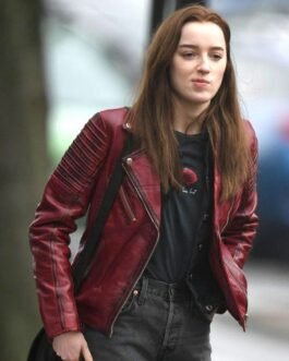 Bank of Dave Phoebe Dynevor Red Leather Jacket