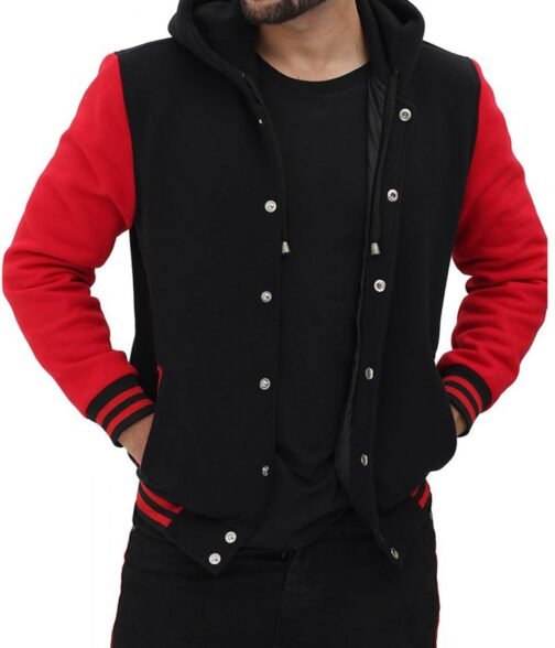 Men’s Salerno Red and Black Varsity Jacket with Hood - Image 4