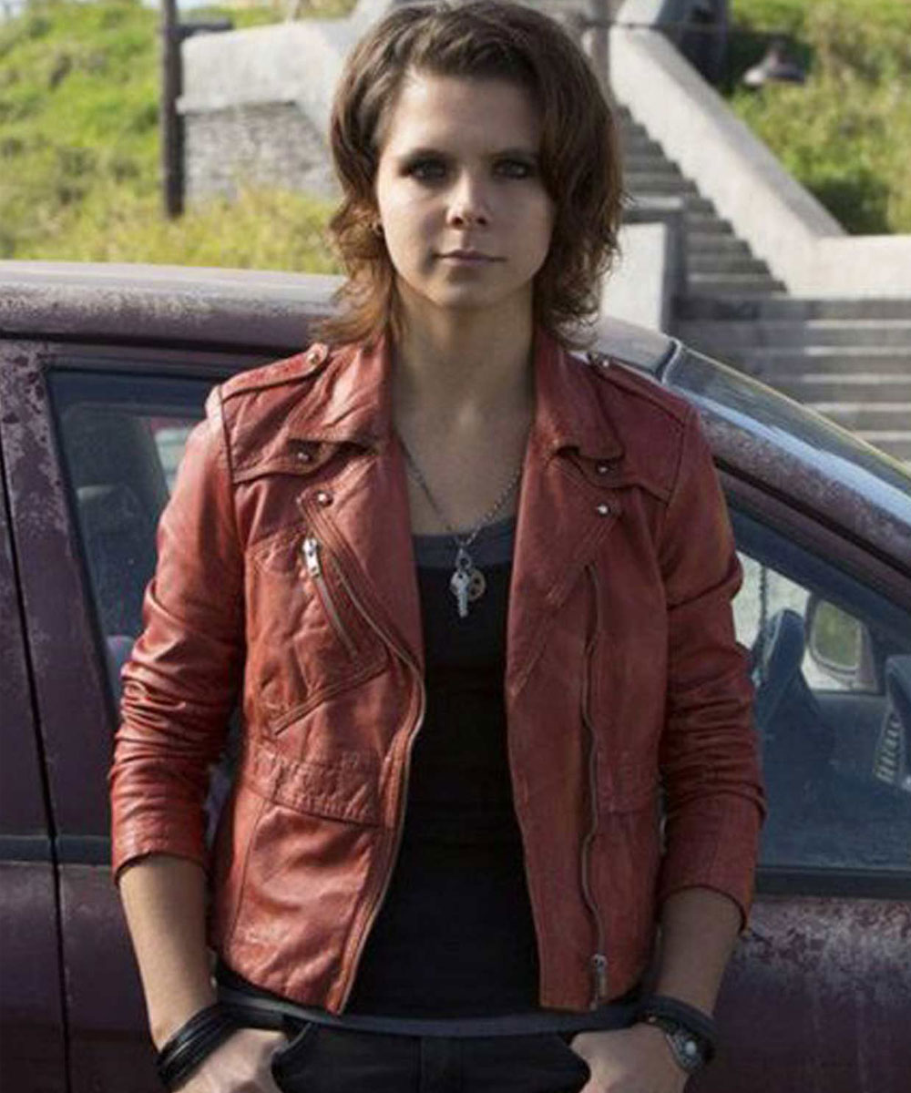 Paloma Kwiatkowski Bates Motel Red Leather Jacket - Image 4