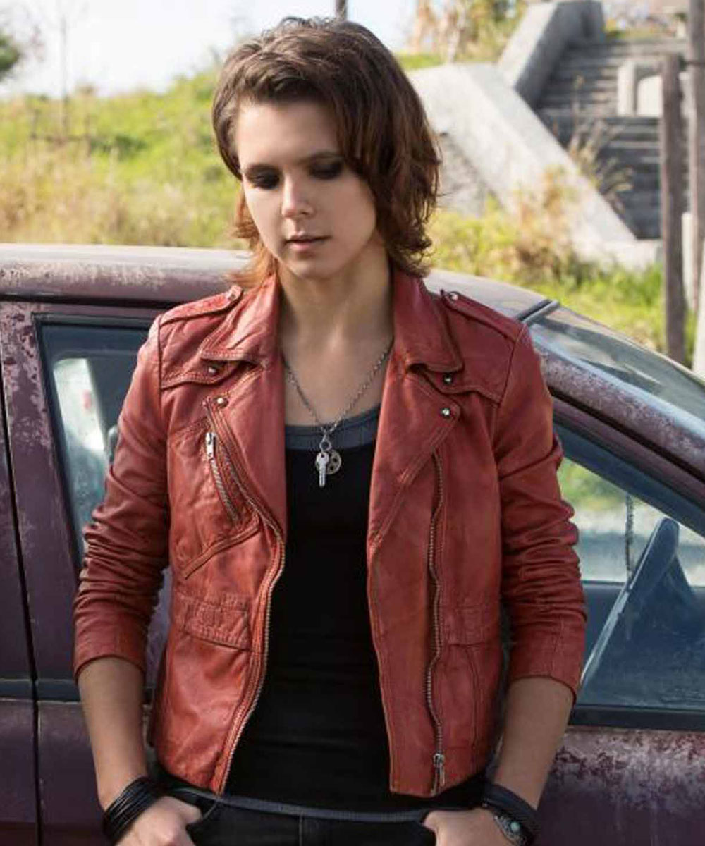 Paloma Kwiatkowski Bates Motel Red Leather Jacket - Image 2