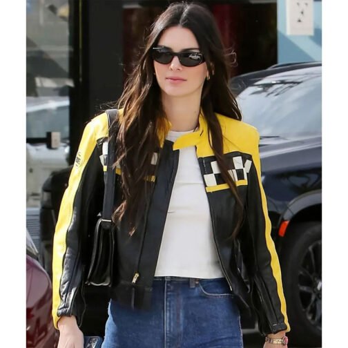 Kendall Jenner Race Flag Cafe Racer Leather Jacket - Image 8