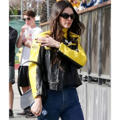 Kendall Jenner Race Flag Cafe Racer Leather Jacket - Image 9