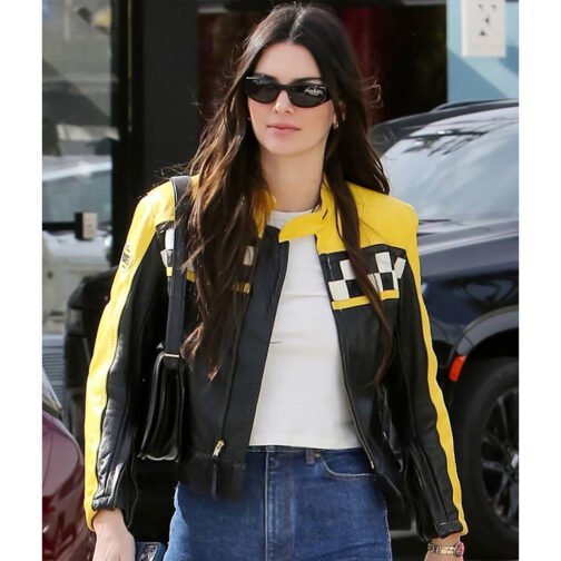 Kendall Jenner Race Flag Cafe Racer Leather Jacket - Image 10