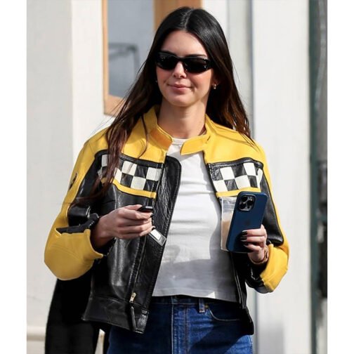 Kendall Jenner Race Flag Cafe Racer Leather Jacket - Image 11