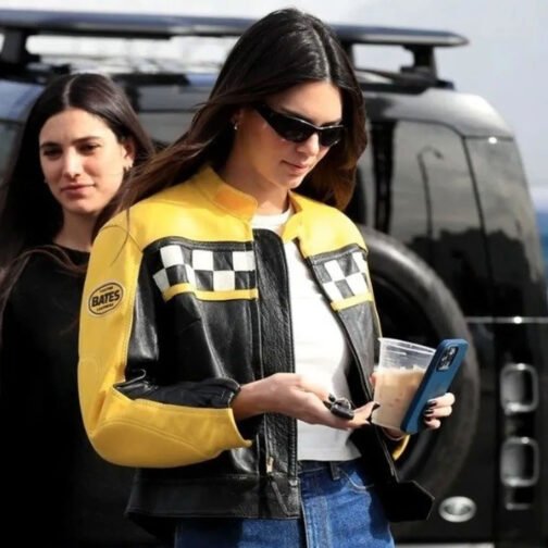 Kendall Jenner Race Flag Cafe Racer Leather Jacket - Image 12