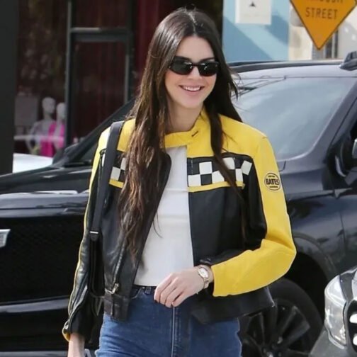 Kendall Jenner Race Flag Cafe Racer Leather Jacket - Image 14