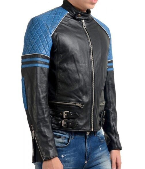Men’s Quilted Biker Stylish Black and Blue Leather Jacket - Image 2