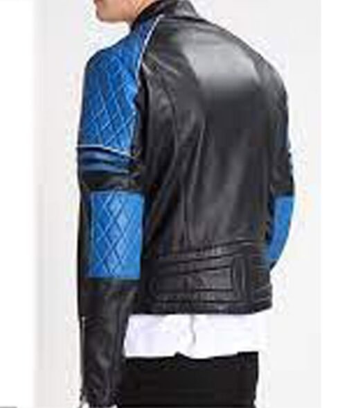 Men’s Quilted Biker Stylish Black and Blue Leather Jacket - Image 3
