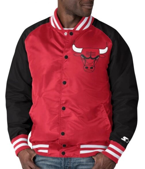 Starter Chicago Bulls Red and Black Point Guard Satin Varsity Jacket
