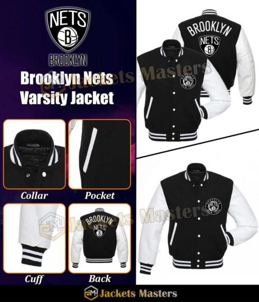 NBA Brooklyn Nets Letterman Black and White Jacket - Image 3