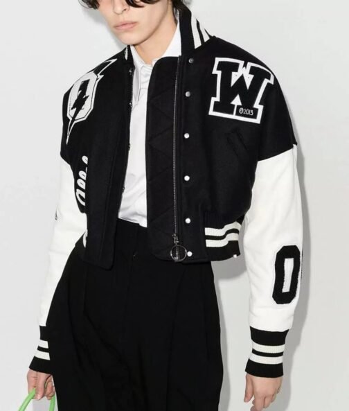 Varsity Off White Cropped Black and White Jacket - Image 4