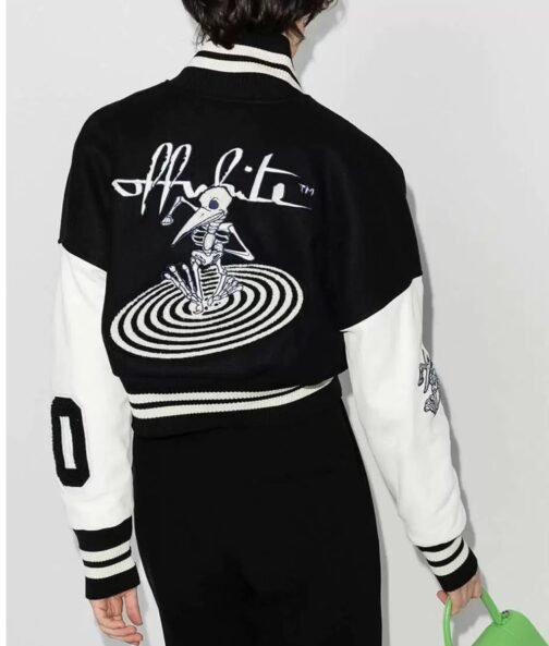 Varsity Off White Cropped Black and White Jacket - Image 5