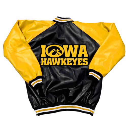 Black and Yellow Iowa Hawkeyes Varsity Leather Jacket - Image 2