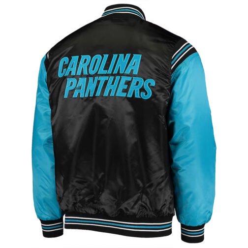 Carolina Panthers Enforcer Satin Black/Blue Varsity Jacket - Image 2