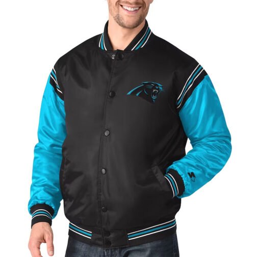 Carolina Panthers Enforcer Satin Black/Blue Varsity Jacket - Image 4