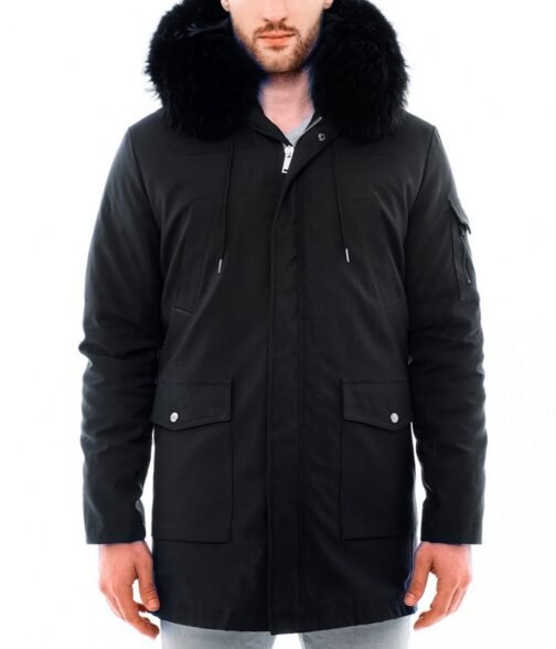 Men’s Black Admiral Hooded Coat with Fur Collar