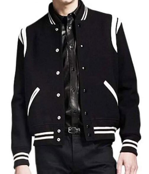 Men’s Black Wool Varsity Jacket with White Detailing - Image 4