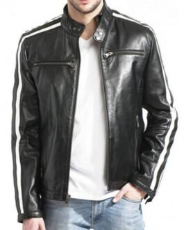 Biker Men’s White Stripes Black Leather Jacket